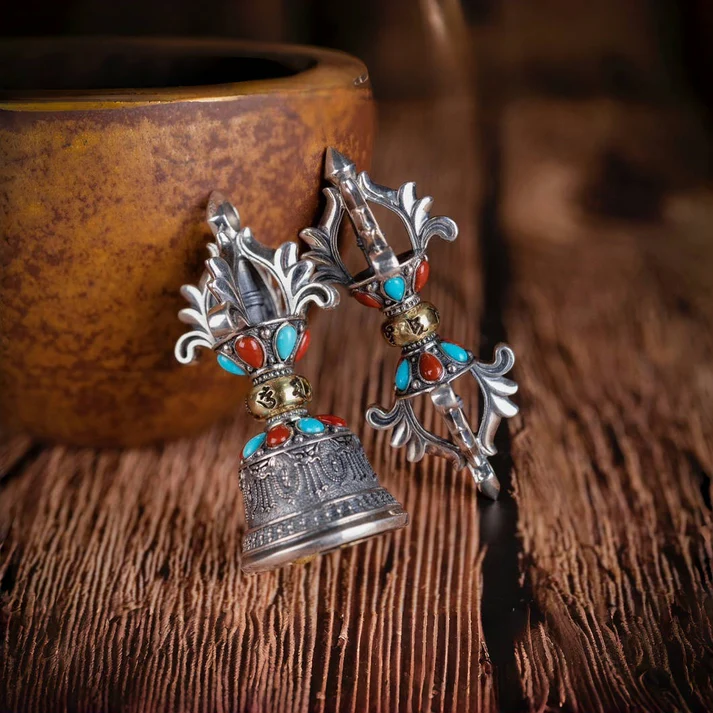 Vajra & Bell Amulet Pendant | Sterling Silver, Turquoise & Agate